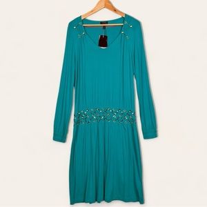 Vintage Escada Sequin Beaded Stretchy Jersey Knit Long Sleeve Knee Length Dress